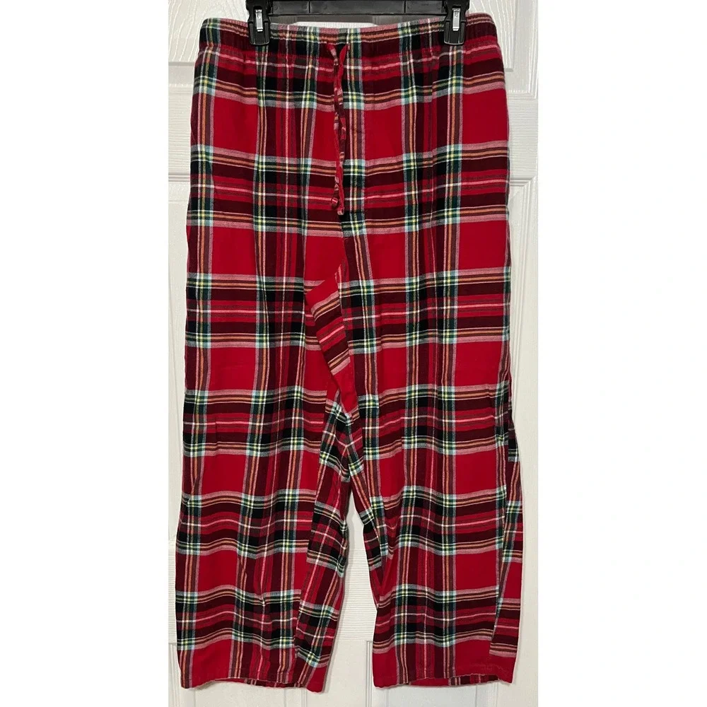 Lands' End XXL Mens Red Plaid Flannel Pajama Pants Elastic Waist Drawstring‎